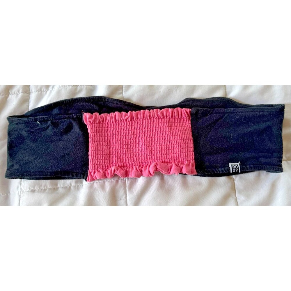 Roxy Y2K Black Pink Smocked Bandeau Tube Top M Retro Surf Stretch Vintage